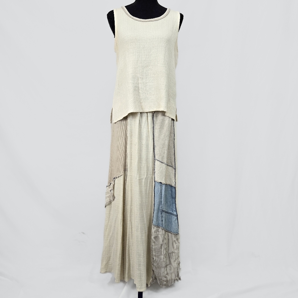 Elegant Cream and Blue Patchwork Skirt Set